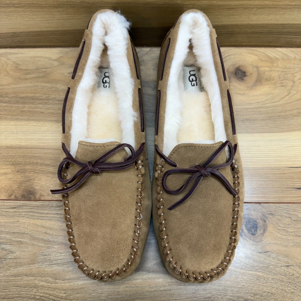 UGG Dakota Slippers Chestnut Shearling Fur Womens 10 Suede Moc Toe Loafers